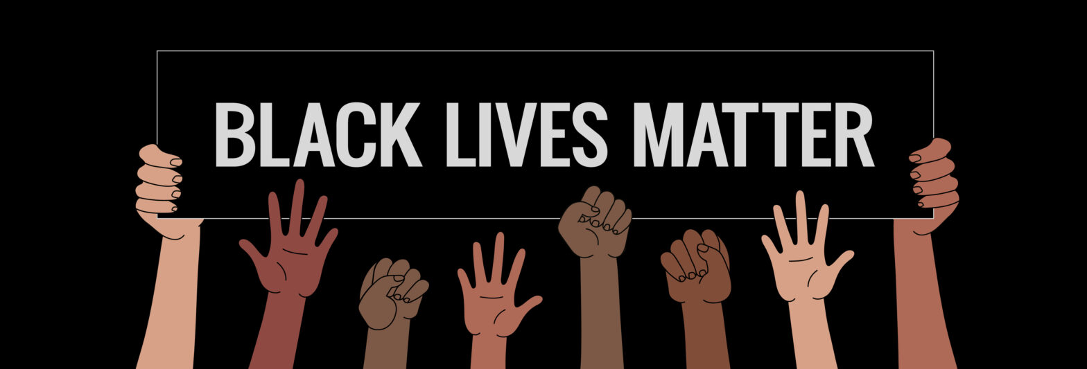 Cartoon hands holding up a sign that says "Black Lives Matter"